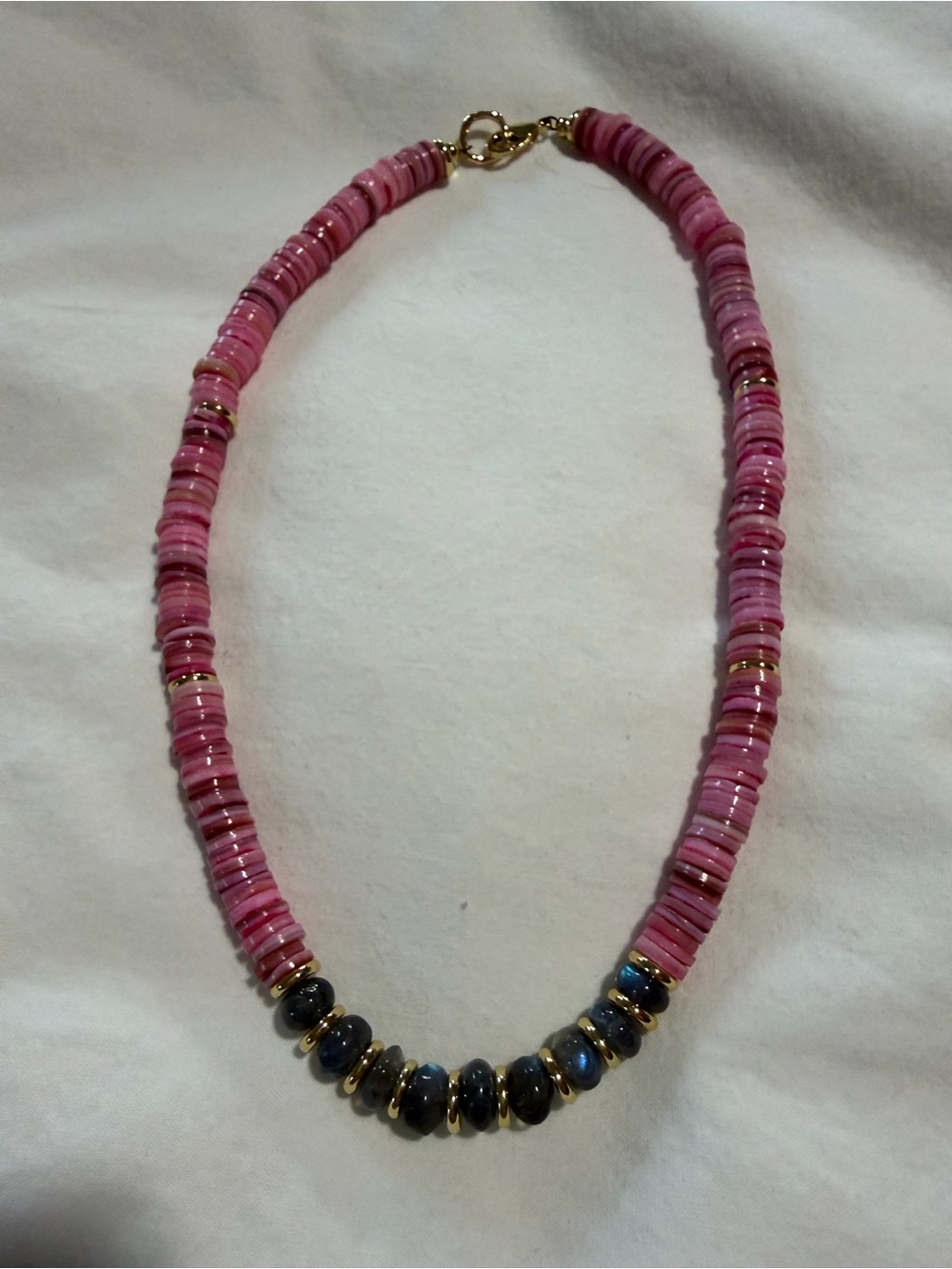 Pink and Dark Green Bead Statement Necklace with Gold Accents